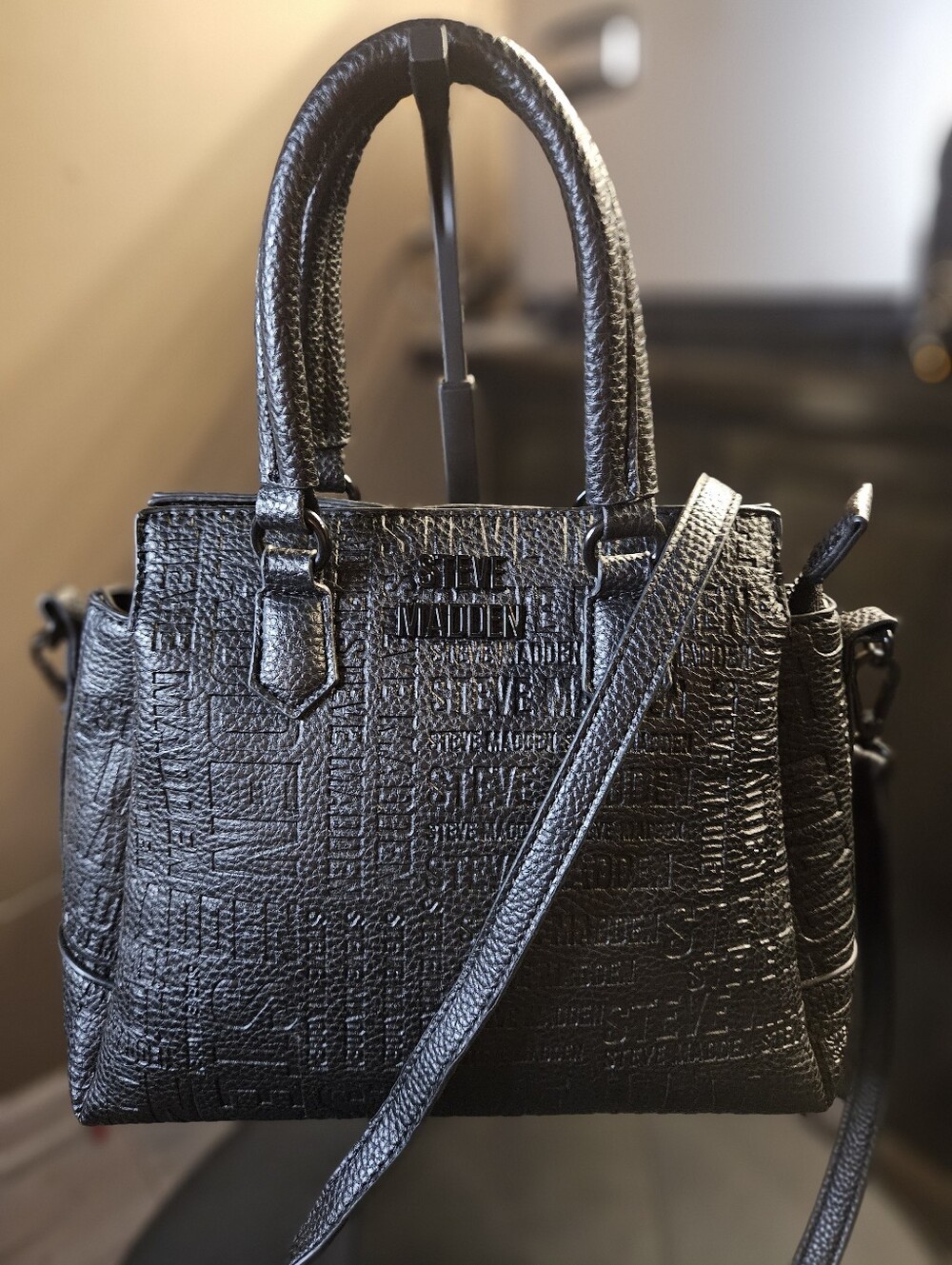 Steve Madden Badalise Compact Black Crossbody Embossed Logo Satchel